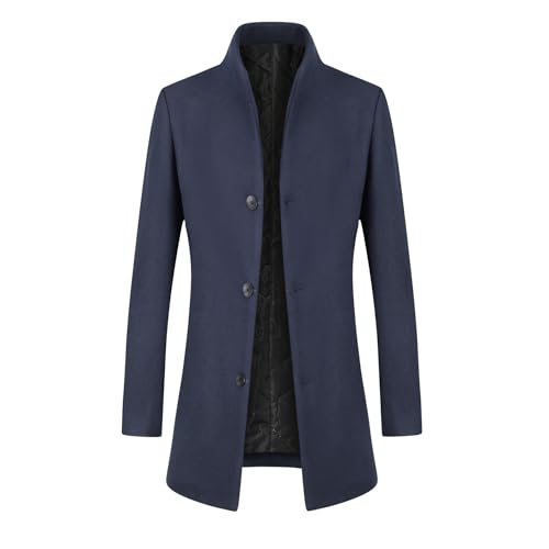 Image of Allthemen Mens Winter Trench Coat Mid Length Overcoat Navy Blue (Thick) XXL