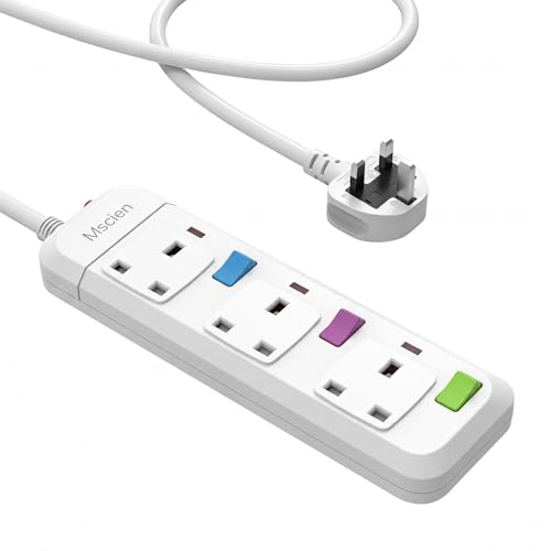 Mscien Extension Lead 1M 3 Way Fused 3 plug Extension Socket with Individual Switches Mountable Overload Protection Power Strips with 1 Metre Extension cable 2500W
