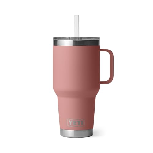 Image of YETI Rambler 35 oz Tumbler with Handle and Straw Lid, Travel Mug Water Tumbler, Vacuum Insulated Cup with Handle, Stainless Steel, Sandstone Pink