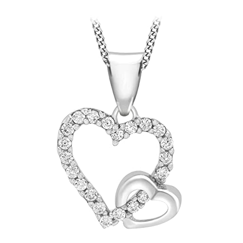 CARISSIMA Women's 9ct White Gold Cubic Zirconia Double Heart Pend...