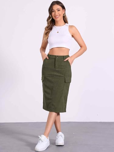 Image of Allegra K Corduroy Cargo Skirts for Women's High Waisted Elastic Back H Line 2025 Fall Midi Skirt