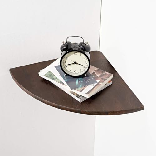Image of Corner Shelf, Solid Oak Wood Floating Corner Shelf Wall Mount Round End Floating Speaker with Wire Hole for Small Plant Photo for Bedroom Kitchen, Living Room Walnut