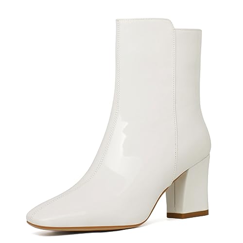 SHEMEE Women's Square Toe Block Heels Booties Chunky High Heeled Side Zipper Ankle Boots Shoes