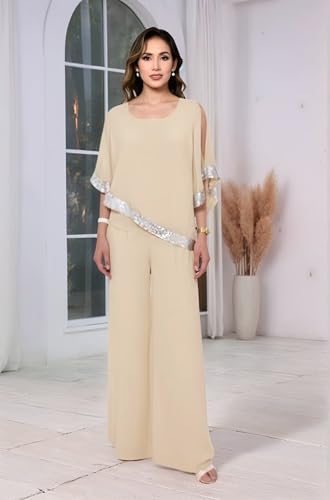2 Piece Mother of The Bride Pantsuits for Wedding with Sleeves Sequin Chiffon Formal Evening Gown Outfits4
