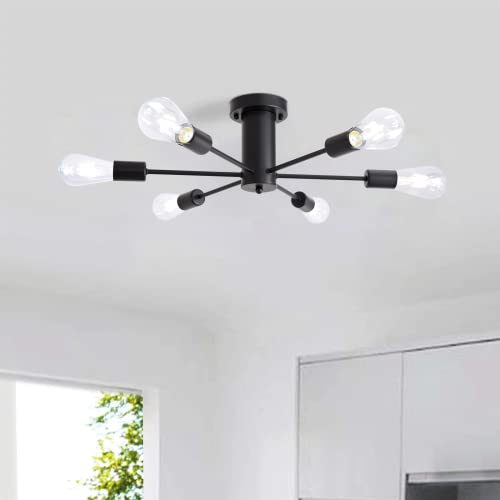 Mid Century Modern Ceiling Lamp 6-Light Matte Black Sputnik Chandelier Industrial Lighting Fixture for Kitchen Island Dining Living Room Foyer Hallway Bedroom