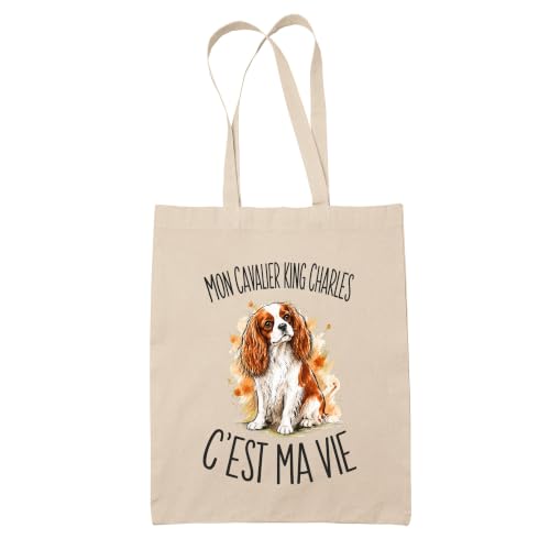 Planetee Tote Bag Mon Cavalier King Charles C'est Ma Vie | Sac de Plage en Toile de Coton Épaule | Idée Cadeau Femme Maîtresse Anniversaire Noël | Imprimé en Bretagne