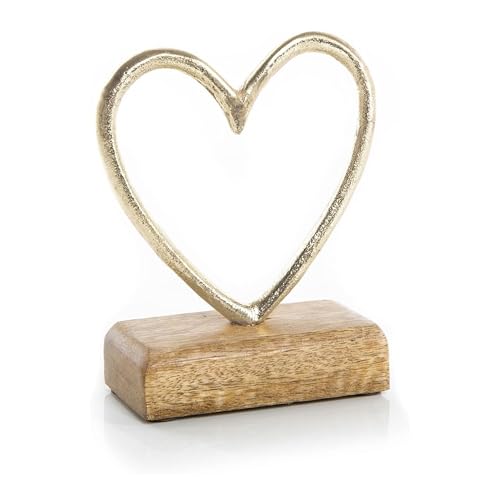 Figura decorativa corazón: escultura metal dorado y base madera mango, decoración hogar salón moderna, regalo boda cumpleaños o San Valentín, adorno centro de mesa elegante, 23 x 20 x 5 cm