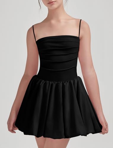 EXARUS Girls Dress Puff Bubble Ruched Teen Adjustable Spaghetti Strap Summer Casual Cami Mini Dresses3