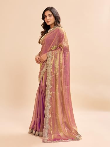 Image of Embellished Embroidered Pure Chiffon Heavy Work Saree