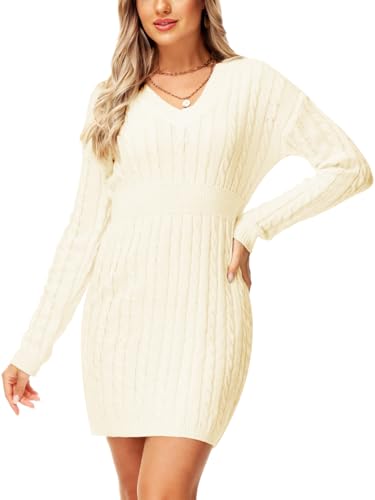 Image of Deerose Women V Neck Sweater Dress Cable Knit Long Sleeve Pullover Sweaters