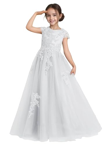 zikusel Tulle Flower Girl Dress for Wedding White Lace Applique Cap Sleeve Long Crew Neck Ball Gowns A-Line Puffy Kids First Communion Formal Dresses