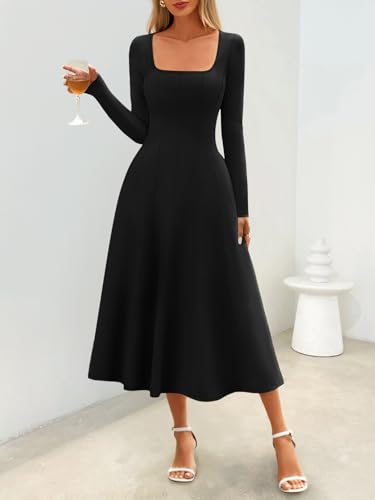 MEROKEETY Women's Fall Dresses 2025 Long Sleeve Square Neck Elegant Classy Winter Cocktail Wedding Guest Midi Dress3