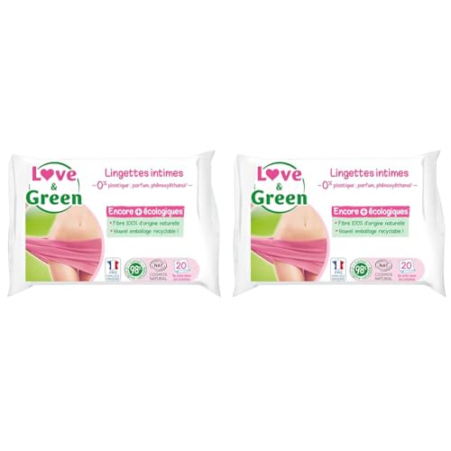 Love & Green Lingettes Intimes APAISANTES écologiques - Paquet de 20 Lingettes - Certifiée Cosmo Natural par ECOCERT et FSC (Lot de 2)