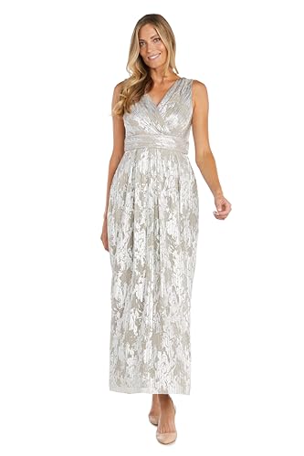 R&M Richards Women's Long Metallic Foil Print Pleated Wrap Dress W/V-Neck & Rhinestone Waist Trim | Elegant Evening Gown