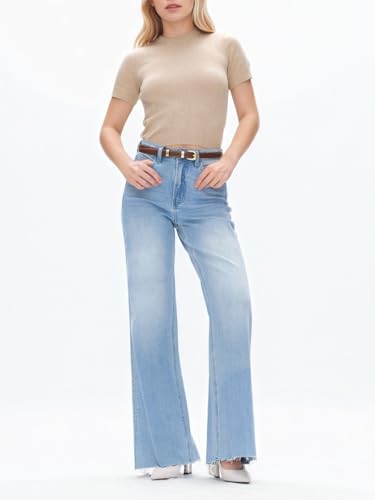 BlueMoment High Waist Stretchy Wide Leg Jeans for Women Basic Straight Denim Pants Raw Hem Underwear Trouser2