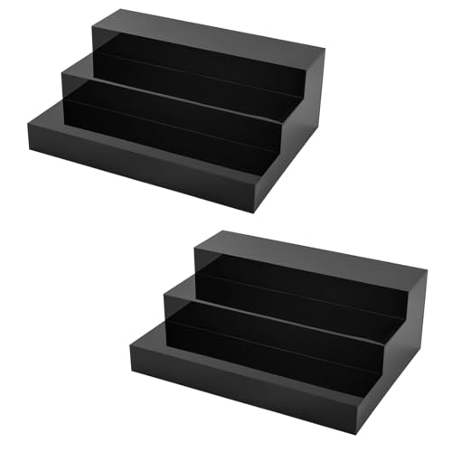 2PCS Liquor Bottle Display Shelf, 16 Inch 3-Step Acrylic Bar Shelf Countertop Riser Display with Hollow Base, 11lbs Capacity/Tier for Home, Commercial Bar (Black)