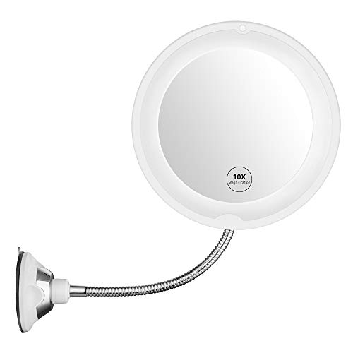 Updated 2020 Version 10X Magnifying Mirror With Light,Lighted 10X Magnifying Makeup Mirror With Light Poweful Suction Cup,360°Rotation Flexible Gooseneck Led Lighted Makeup Mirror For Bedroom Bathroom