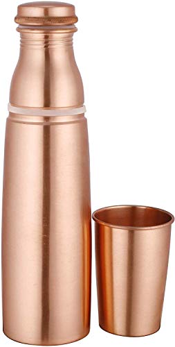 Mathura Bazar Pure Copper Bottle with Glass for Water 1 Litre Matt Finish Dirt Proof, Leak Proof and Joint Less, Ayurveda and Yoga Health Benefits Water Bottle