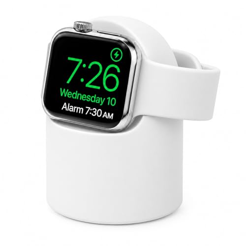 Image of Mizi Magnetic Charging Stand for Apple Watch Ultra 3 /2 /1 & Series 11 / to 1 /SE Silicone Wireless Charger Holder with Cable Management, Nightstand Mode Support, Portable Desk & Bedside Dock - White