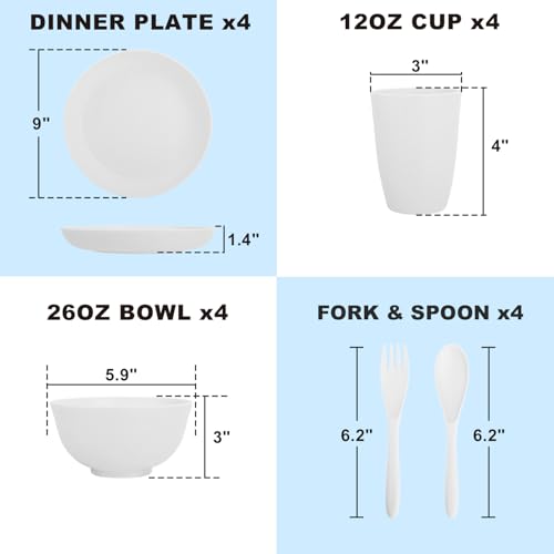 Image of Wheat Straw Dinnerware Sets Service for 4, Unbreakable Kids Plates and Bowls Set 20 PCS, Microwave & Dishwasher Safe Dishes Set for Dinner, Kitchen, Camping, PV, Dorm - White