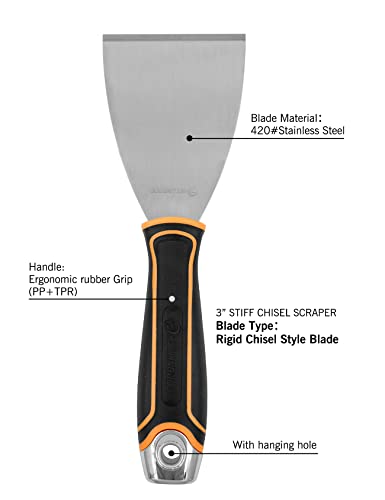 Rollingdog 3 Inch Stiff Chisel Scraper Putty Knife- Ergonomic Rubber Gripped Handle,Window Bead Glass Removal Tool, Wallpaper Stripping Tool #TOP2