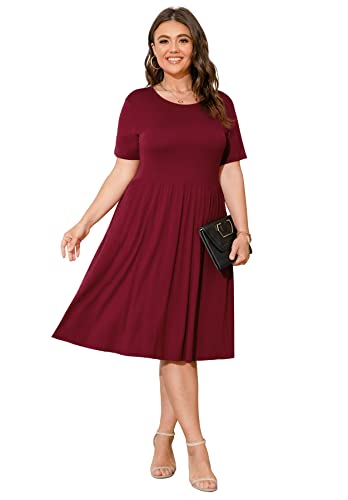 Image of POSESHE Womens Plus Size Summer Dress 2026 Casual Short Sleeve Empire Waist Loose Fit Swing T-Shirt Dress with Pockets