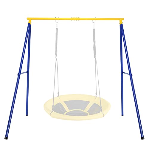 GYMAX Kids Swing Frame, Heavy Duty Metal Swing Stand with Ground Stakes, Garden Single Swing A Frame for Outdoor Indoor, 250kg Weight Capacity (Yellow+Blue)