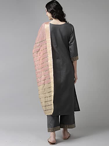 Image of INDO ERA Women's Cotton Blend Yoke Design Straight Kurta with Pant & Dupatta Set