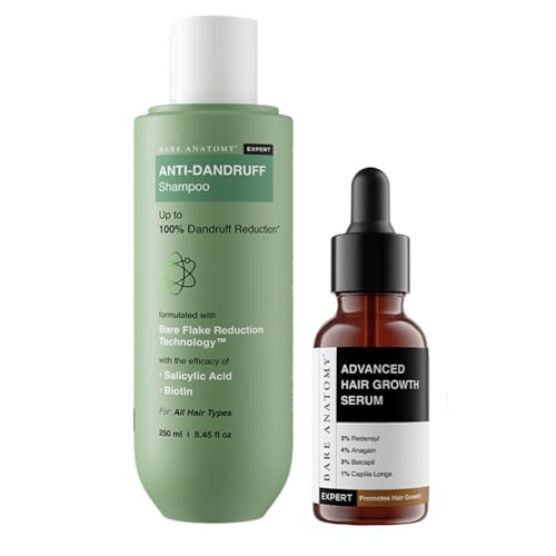 Image of Bare Anatomy Expert Anti-Dandruff Shampoo 250ml + Bare Anatomy Advanced Hair Growth Serum 30ml | Thick Density | Hair growth & Hair fall control serum for Women & Men | Dandruff Reduction | Targets Oily Scalp & Sheds Dry Flakes