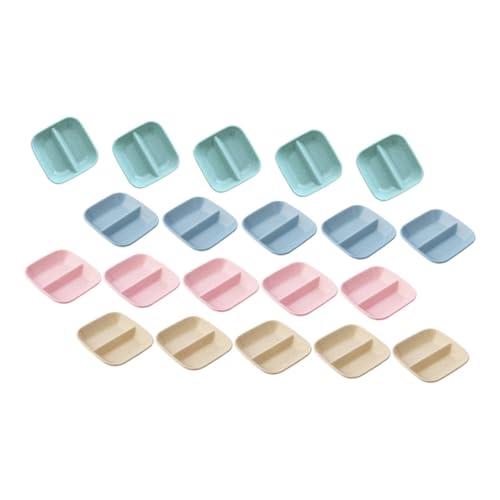 CIYODO 20Pcs Wheat Straw Sauce Dishes Multi Functional Relish Plate with Two Compartments for Dipping Sauces Snacks and Appetizers Tableware Random Colors