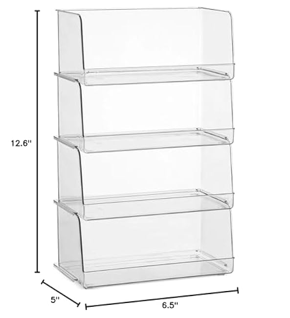 Set Of 4 Clear Pantry Organizer Bins Stackable Household Plastic Food Storage Basket with Wide Open Front for Kitchen, Countertops, Cabinets, Refrigerator, Freezer, Bedrooms, Bathrooms - 12 Wide