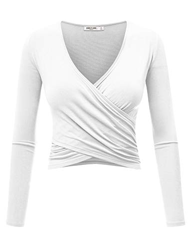 WT1482 Womens Deep V Neck Long Sleeve Cross Wrap Fitted Crop Top L White