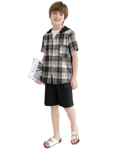 Image of Boys Clothes Shorts Sets Plaid Short Sleeve Hooded Button Shirt and Jogger Shorts for Kids Summer Outfits