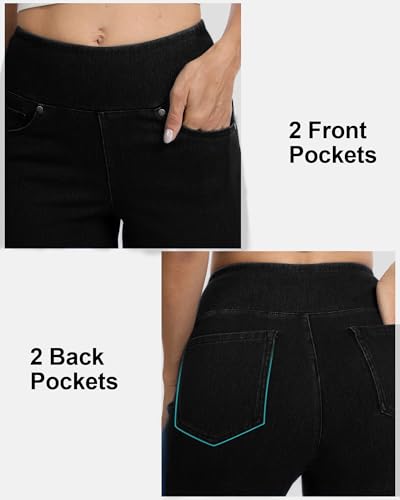 Amzdora Women’s High Waisted Wide Leg Jeans Pull On Stretch Denim Pants Tummy Control Flare Leggings Pants with Pockets, Black, Size 10 - image 4