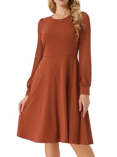 Seta T Women's Long Sleeve Dresses Round Neck Elegant Cocktail Party Work  Knee Length Dress Small Caramel at Amazon Women's Clothing store