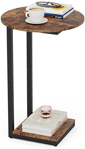 Hosfais C Table End Table, Perfect C Table Small Side Table for Small Spaces, Couch Tables That Slide Under, C Shaped End Table TV Tray Ideal for Living Room Bedroom, Rustic Brown, Round Table Top