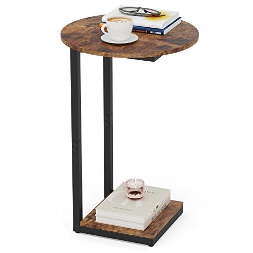 Hosfais C Table End Table, Perfect C Table Small Side Table For Small Spaces, Couch Tables That Slide Under, C Shaped End Table Tv Tray Ideal For Living Room Bedroom, Rustic Brown, Round Table Top #TOP26