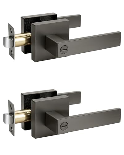 KNOBWELL 2 Pack Door Handles Interior Privacy Doorknob with Straight Lever Gunmetal Black Bedroom/Bathroom Door Handles