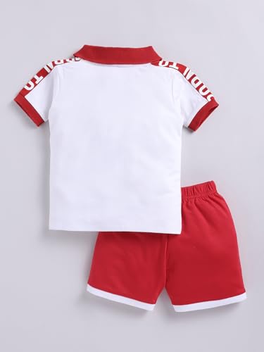 Image of LITTLE NINJA Pure Cotton Knee Length Half Sleeve Solid Chest Printed Tee & Shorts Set - Red 0-6M