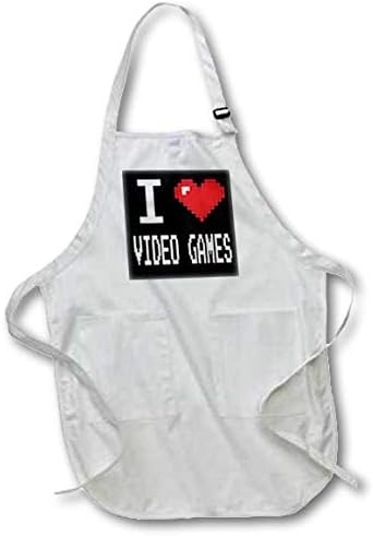3dRose apr_118950_4 Geeky Old School Pixelated Pixels 8 Bit I Heart I Love Video Games Full Length Apron with Pouch Pockets, 22 by 30-Inch, Black, with Pockets