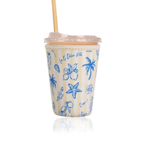 Image of Reusable Insulated Sleeve for Iced Coffee Cup, Coffee Neoprene Sleeve for Cold & Hot Drinks, Beverage Holder for Iced Coffee (Coastal Blue, Small: 16-18oz)