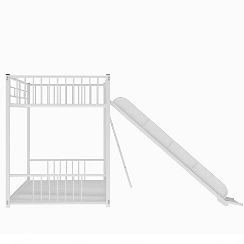 Runwon Twin Over Twin Low Bunk Bed With Slide, Metal Floor Bedframe W/Easy Climp Ladders And Full Length Safety Guard Rails For Kids Bedroom #TOP6