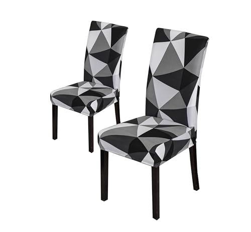 Image of Dining Chair Covers Set of 2, Stretchable Removable Washable Anti-Slip Universal Fit Printed Polyester Spandex Slipcovers (Black Triangle)
