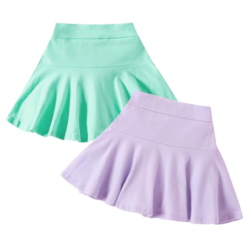 Neutocd Toddler Little Girls Skirts Skorts Elastic Flared Plain Pleated Tennis Skater Skirts for Girls Kids Built in Shorts Green/Purple