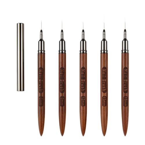 DAYnagh 6/9/12/15/18 mm Professional Wooden Nail Art Brush with Cap, 5 Pieces Brushes Extra Fine Ultra Fine Liner Set for Semi-Permanent Nail Polish Gel Acrylic Paint