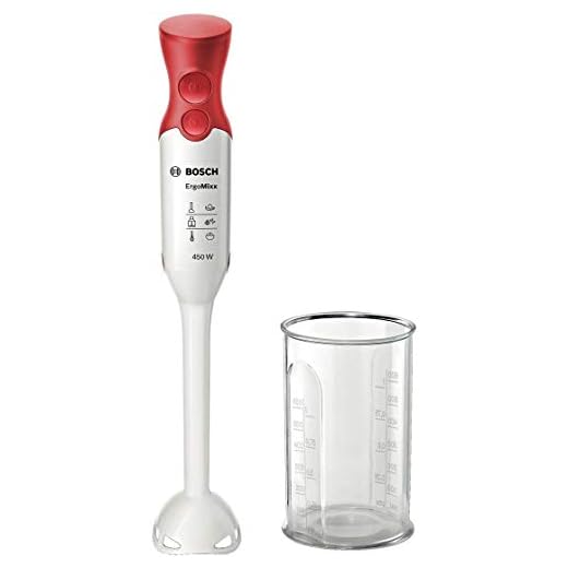 Bosch ErgoMixx MSM64010 - Batidora de mano, 450 W, velocidad Turbo, cúpula con cuatro cuchillas, con vaso de mezclas, color rojo y blanco