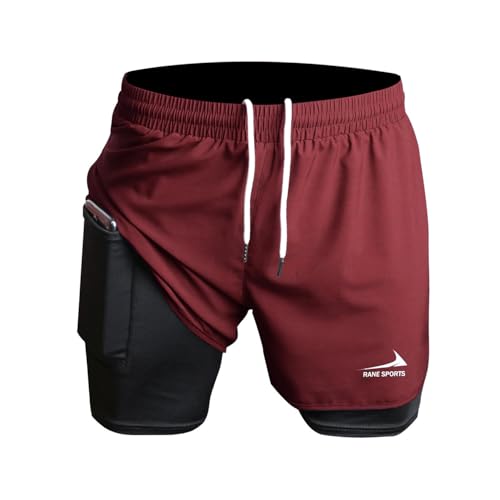 Rane Sports Pantalones Cortos de Running 2 en 1 para Hombre, Ideales para Gimnasio, Atletismo, Entrenamiento al Aire Libre Rojo Vino 2XL