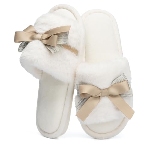 GOEWY Damen Schleifen-Hausschuhe mit Memory-Schaum offene Zehen flauschig rutschfest für Indoor & Outdoor weiches Geburtstagsgeschenk für Frauen & Mütter(Beige 38/39)