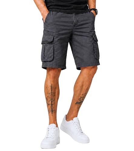 Image of L'MONTE Men's Imported Cotton Casual Relaxed Fit Outwear Cargo Shorts with Expandable Elastic Waist and Multi Pockets