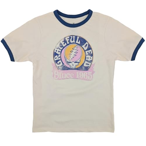 Ripple Junction Grateful Dead Womens Short Sleeve Crew Ringer T-Shirt Steal Your Face Retro Stealie 1965 Natural Medium